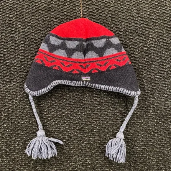 Patagonia Kids Winter Hat Earmuffs‎ Tassels Fair Isle Pattern Red Blue