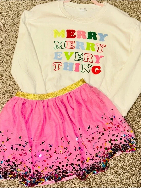 Merry Everything White Sweatshirt & Pink Sequin Tulle Skirt