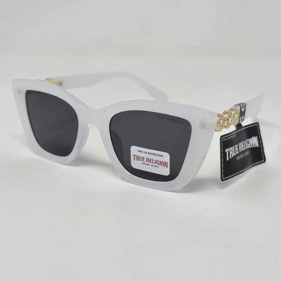 True‎ Religion Sunglasses Womens White Cat Eye Gold Medallion UV Protection