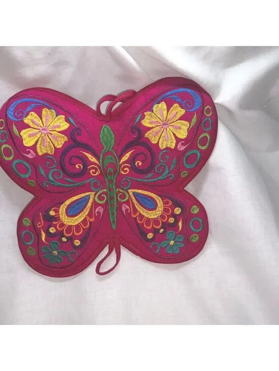 Guatemala Embroidered Butterfly Pot Holder Hot Pad Trivet Colorful Folk Art