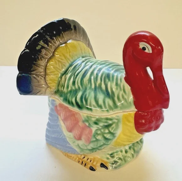Vintage Hand Painted Ceramic Turkey Gobbler Sugar Bowl, Storage, Matches-Lidded