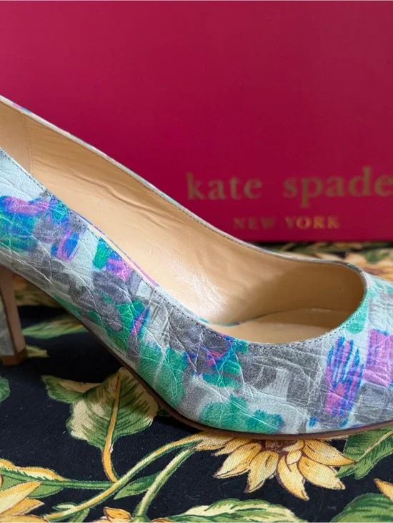 kate spade Mint Green and Purple Floral Leather Heel 9 made in Italy nib