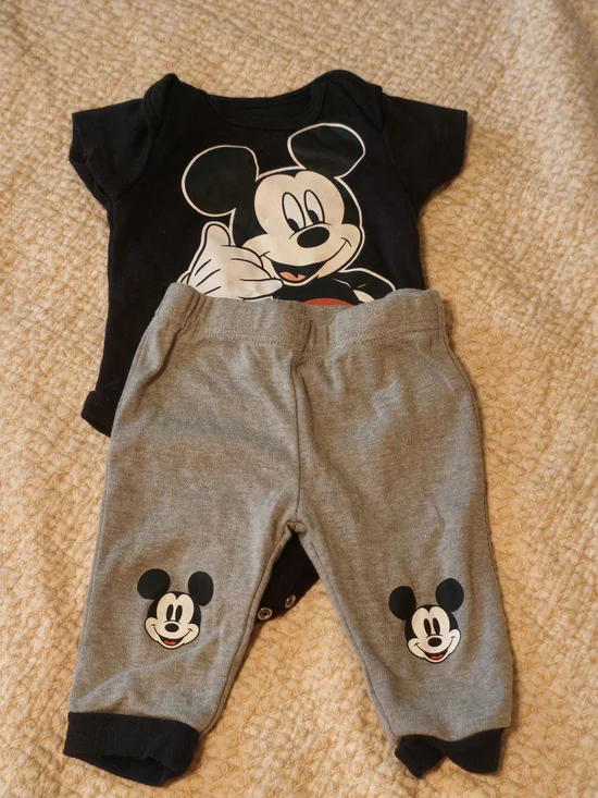 Disney Baby Black Mickey Mouse Bodysuit with Gray Mickey Sweatpants