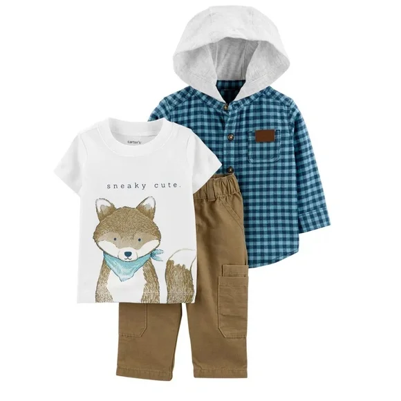 Carter's Baby Boy Matching Set Size 6M Fox Plaid Khaki