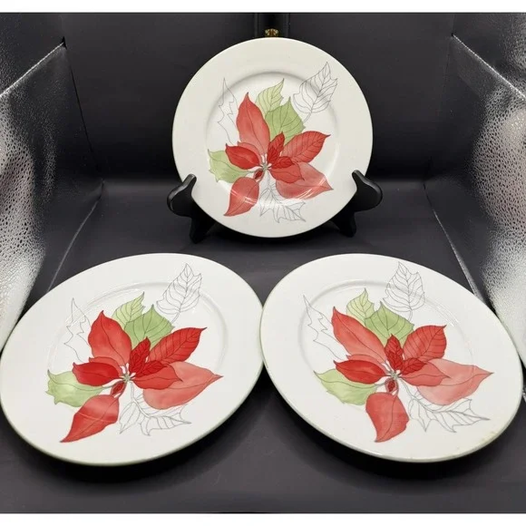 Set Of 3 Salad Plates Block Spal China Poinsettia Pattern Christmas 8