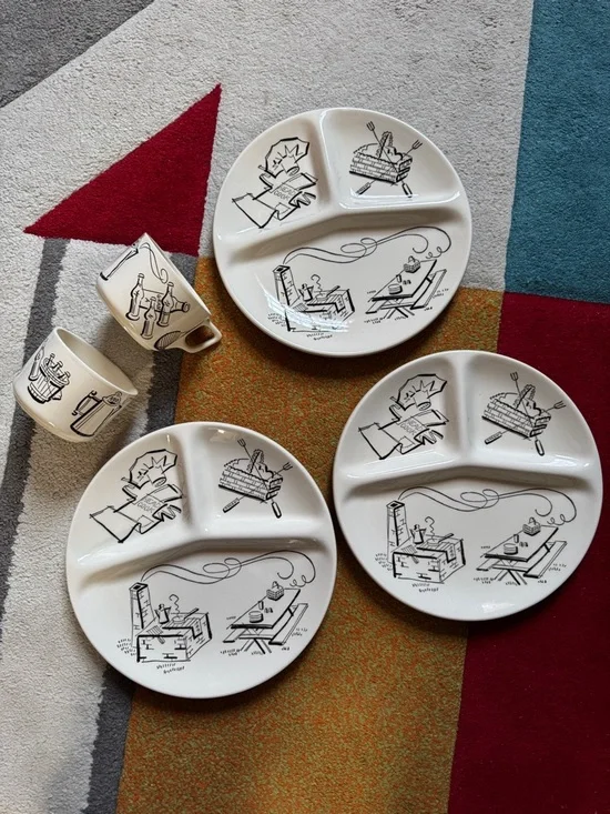 Vintage Style White Sectioned Dinner Plates and Mugs - Black Illustration