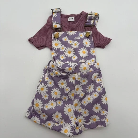 Toddler Girls Purple‎ Daisy Overall Shorts Outfit Set 12-18M Floral Romper