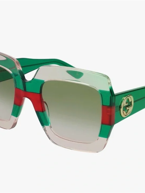 Gucci Green Red Transparent Square Sunglasses with Gold Emblem comes with case