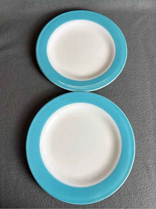 Vintage 50s Pyrex Aqua Turquoise Wide Band 10” Dinner Plates Set Of 2 Milk Glass