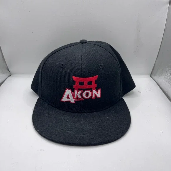 Decky Akon Snapback Hat Mens OSFM Black‎ Embroidered Logo Flat Brim Cap