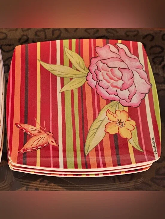 Colorful Floral Stripe Square Melamine Salad Plates - Red Pink Green - Set Of 6