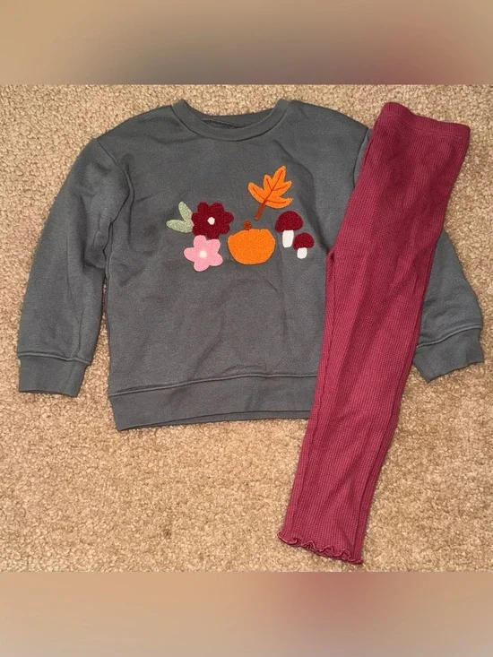 Kids Gray Sweatshirt with Fall Appliqué and Burgundy Ribbed Leggings