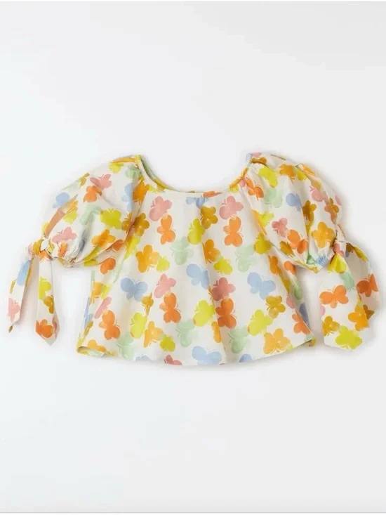 Playful Floral Puff-Sleeve Top in Multi-Color
