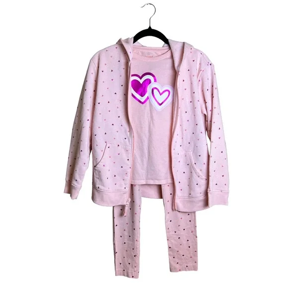 Girls Cat & Jack Heart‎ Print 3pc Hoodie Shirt Legging Set M/L Coquette Modern