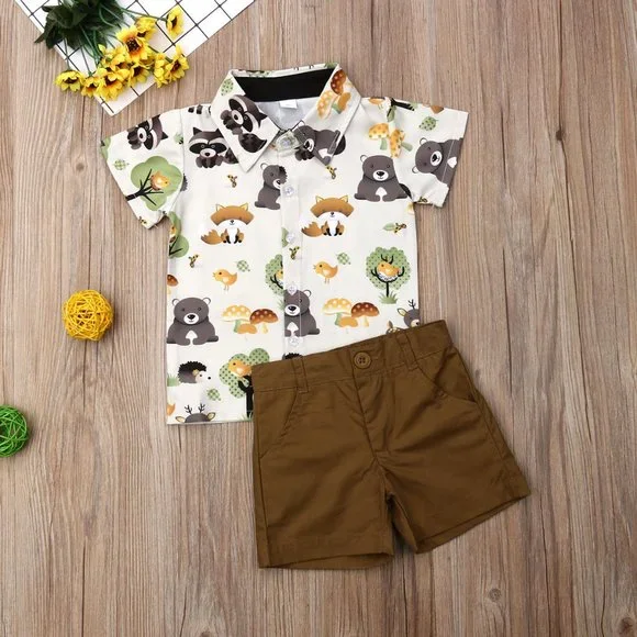 Woodland Animals Fox Bear Button Shirt Boys Outfit
