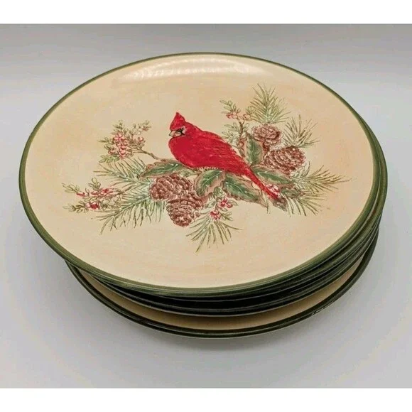 5 Pacific Rim Cardinal Dinner Plates Pine Boughs Cones Holly Berries Winter