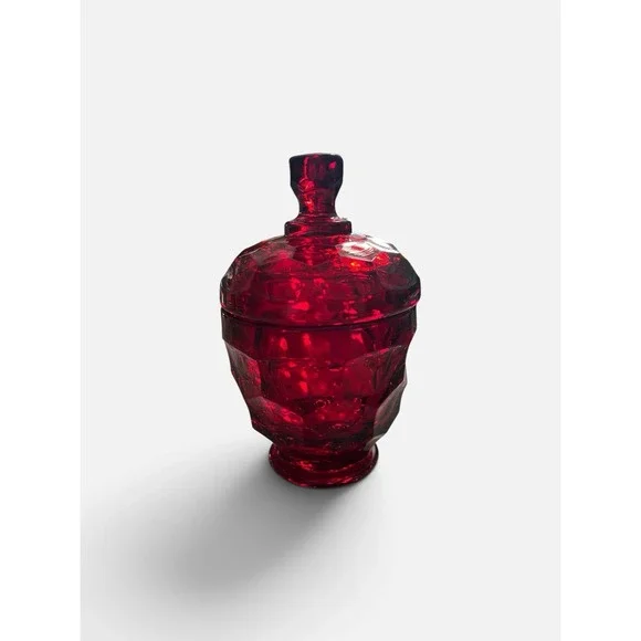 Vintage Ruby Red Glass Covered Candy Dish Trinket Jar Faceted Pedestal