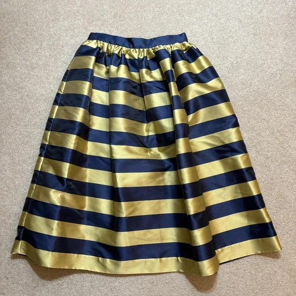 Kate Spade Skirt NWT Womens 6 Gold Navy Awning Stripe Satin Pleated Midi Party‎