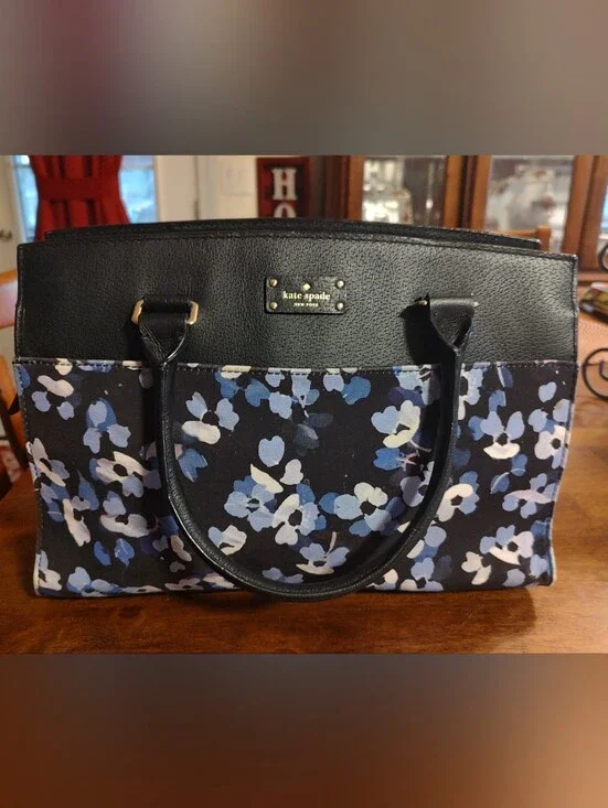 kate spade Floral Black Tote with Blue and White Accents