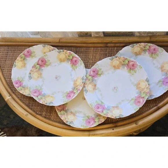 Antique Porcelain Plates 'Louvre' Series Hand- Painted Pink And Yellow Roses