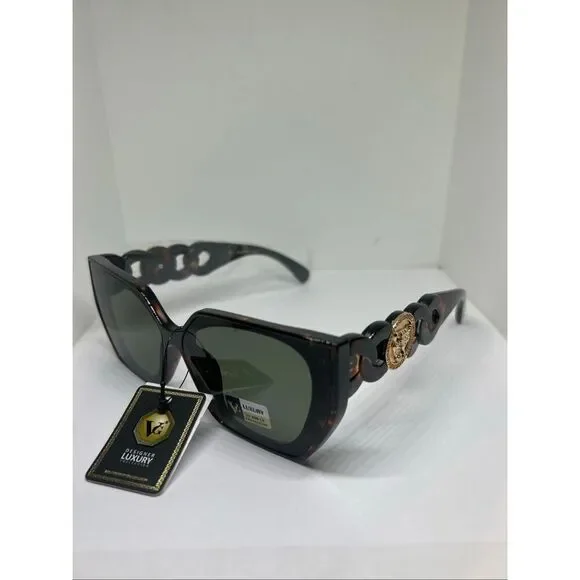 Oversized Tortoise Shell Sunglasses Gold Medallion Chain Arm Designer Style