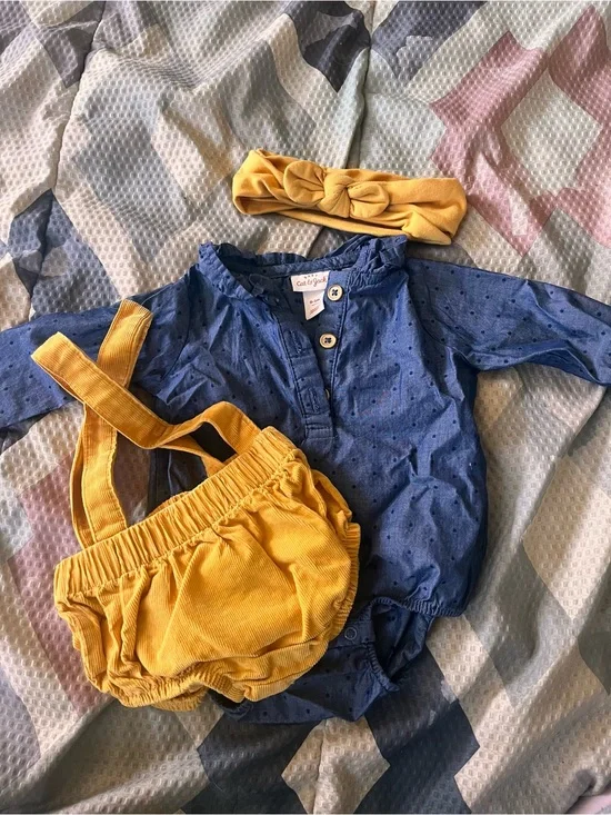 Cat & Jack Blue Dot Romper with Mustard Yellow Headband & Bloomer