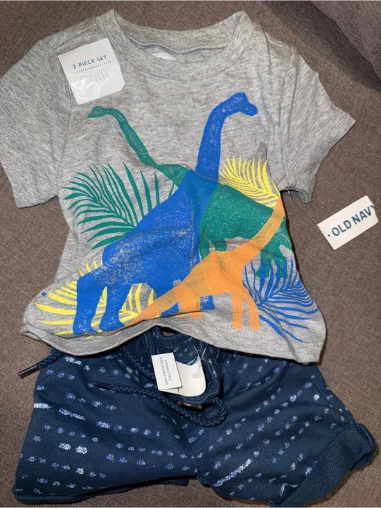 Old Navy Gray Tee & Navy Shorts Dinosaur Graphic Set