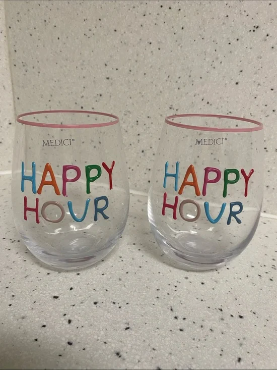 NWT.  Medici, “Happy Hour” Multicolor Stemless Wine Glass (Set of 2)