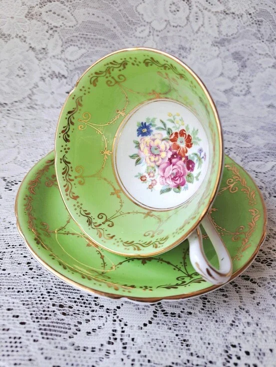 Vintage Grosvenor Jackson & Gosling Bone China Teacup Saucer Green Gold Floral