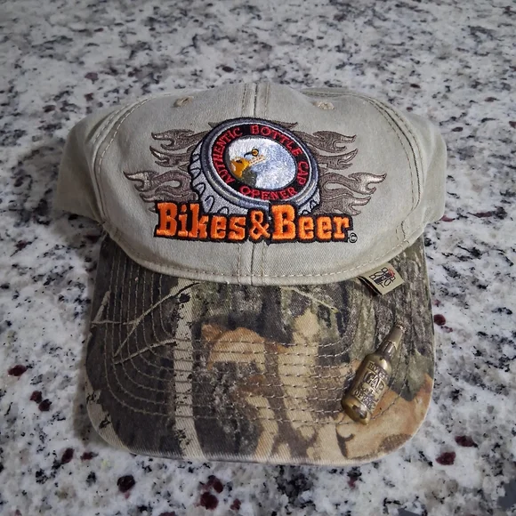 Bikes &Beer Tan and Brown Camouflage Cap Bottle Opener Attached