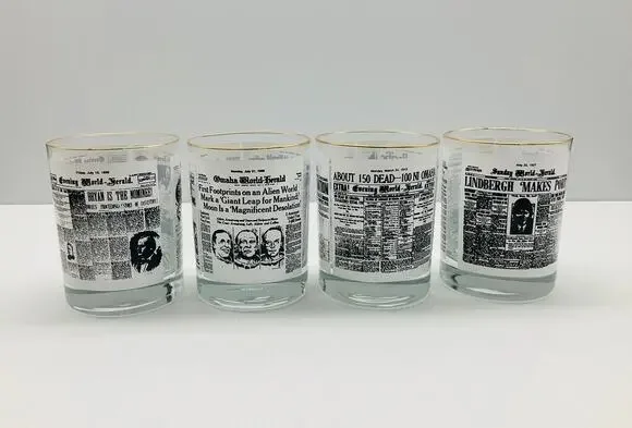 Vintage Omaha World Herald Historic Headlines Whiskey Glasses Set of 4 Gold Rim