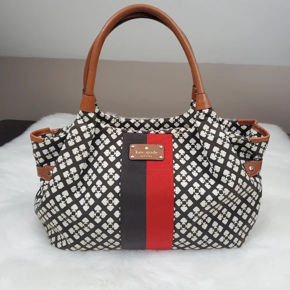 kate spade Black, White & Red Patterned Satchel with Tan Handles