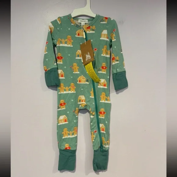 Angel Dear Festive Gingerbread Green Kids Footie Bamboo Christmas‎ NWT