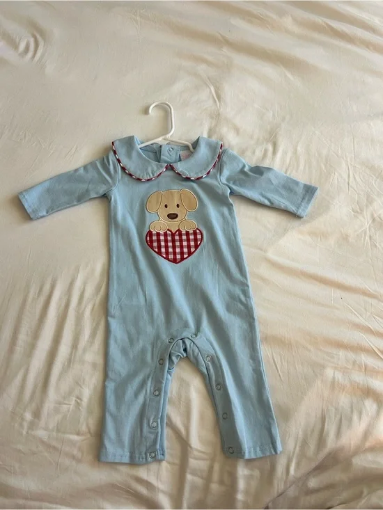 Stitchy Fish Baby Blue Puppy Heart Appliqué One-Piece | NWOT | 3-6m