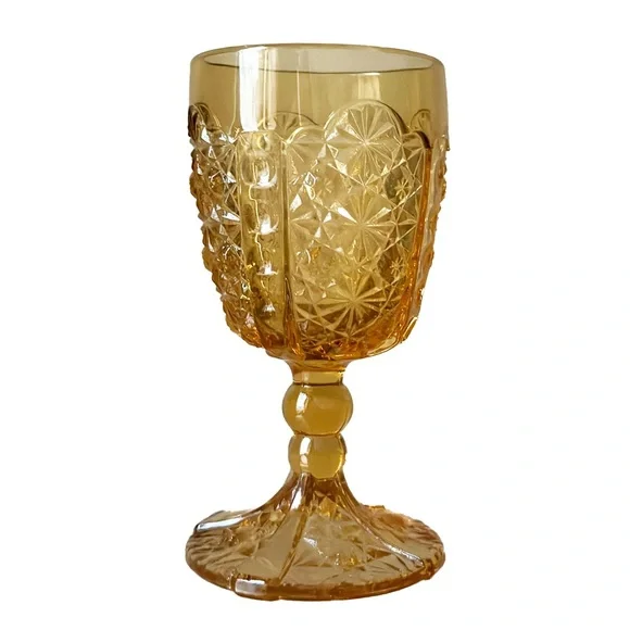 Amber Goblet with Intricate Design Textured Glass Wine Glass Vintage