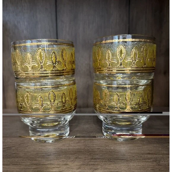 MCM Culver Fleur De Lis Lowball Glasses Set of 4 22KG Gold Citrine Yellow 1960s