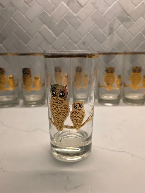 Pristine Vintage Culver 22K Gold Owl Highball Glasses - Set of 8