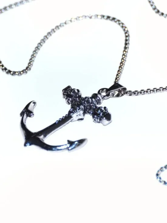 Silver style Anchor Skull Cross Necklace Men's Biker Punk Steel Chain