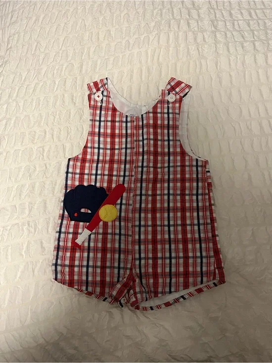 Vintage Boys Shortall Size 3T Plaid Baseball Romper