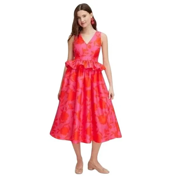Kate Spade Target Red Pink Classic Floral Sleeveless Peplum‎ Midi Dress Sz 6 NWT