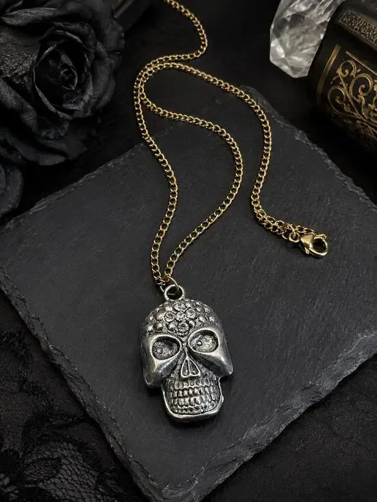 Silver Tone Skull Pendant Necklace Rhinestone Accent Gold Chain Goth Emo Punk