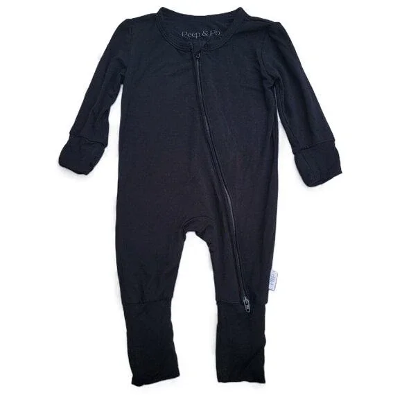 Peep & Po Bamboo Solid Black Convertible Footie Zip Romper Size‎ 0-3m