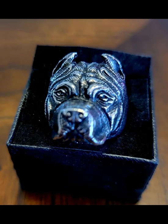 Sterling-Style Black Pit Bull Dog Head Ring - Unbranded