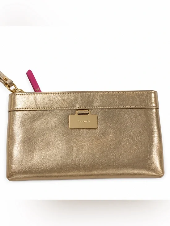 Kate Spade Gold Metallic Leather Wristlet Clutch Bag with Box