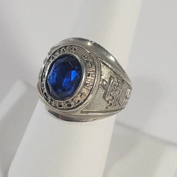 Sterling Silver Saint John School Class Ring 1968 Men Size 8 Blue Spinel 925