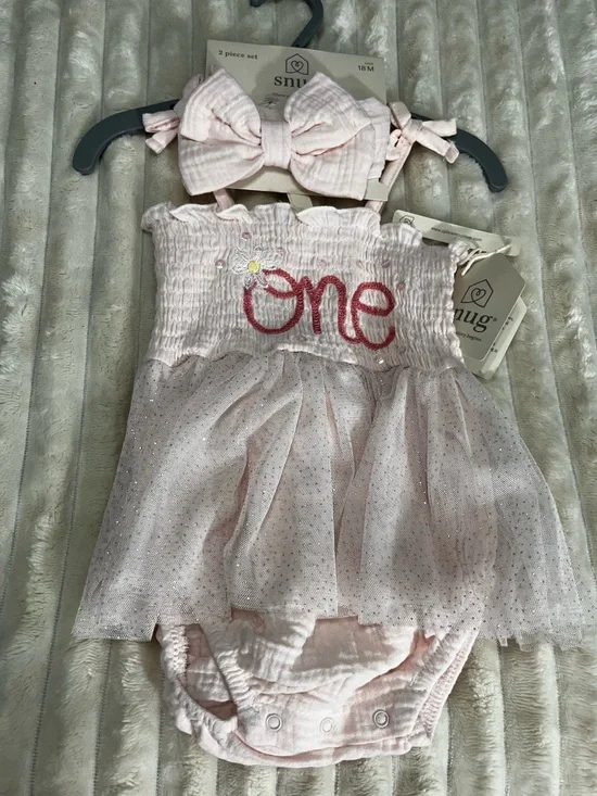 Snug Baby Girls Pink 'One' Tulle One-Piece with Bow Headband