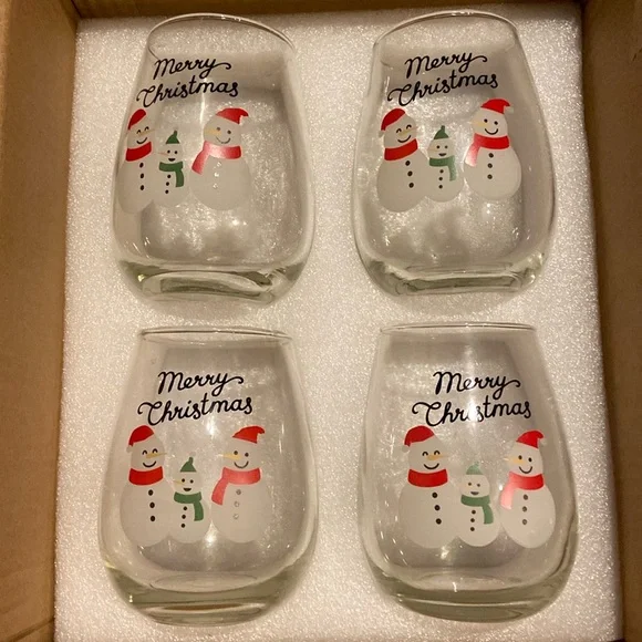 NIB Christmas Snowman Stemless Wine Glasses Set of 4