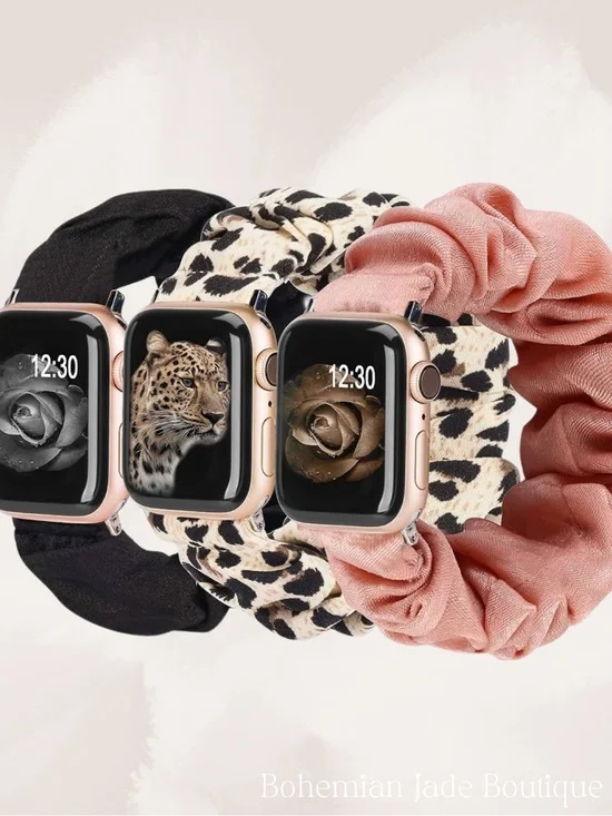 TOYOUTHS Scrunchie Apple Watch Bands Set of 3 Black Leopard Pink Small