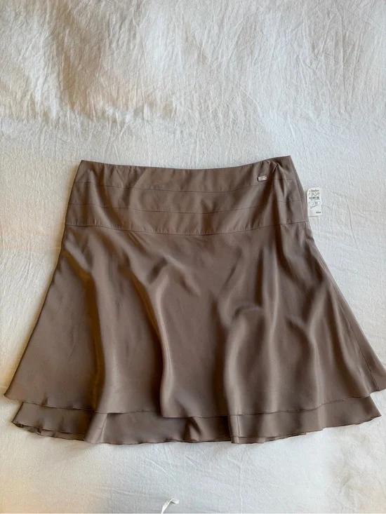 NWT Vintage Chanel Silk Logo Ruffle Flouncy Mini Skirt Taupe Brown Tan Pearl