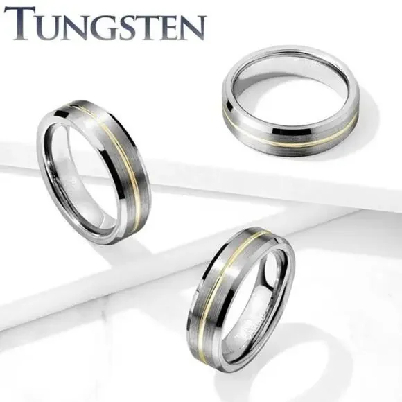Brushed Finish Gold Groove Beveled Edges Tungsten Carbide Ring.‎ 6mm size 11